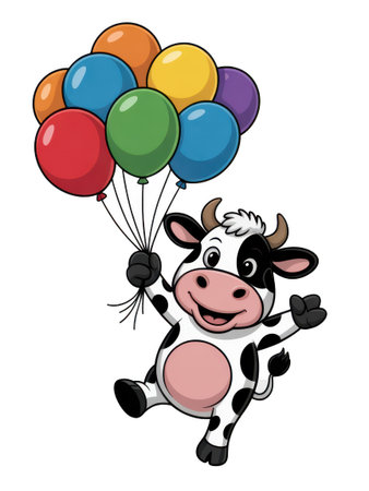 A cartoon cow with black spots and pink accents holds a cluster of brightly colored balloons against a white background.の素材