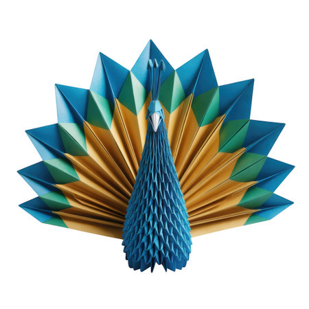 A blue origami peacock stands with its fan-shaped tail feathers spread wide. The tail is a gradient of gold, green, and blue, with a white background.の素材