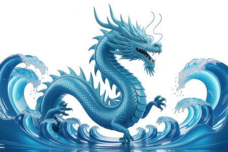 A bright blue dragon with orange eyes emerges from crashing ocean waves. The dragon's body is coiled and its mouth is open.の素材