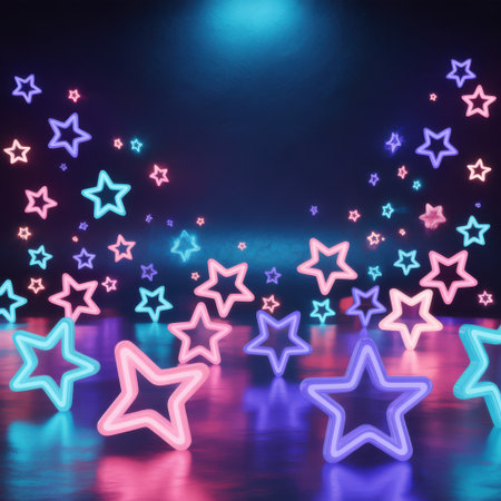 A vibrant abstract background featuring glowing neon stars in various colors including blue, pink, purple, and cyan, with light reflections creating a cosmic and luminous effect.の素材
