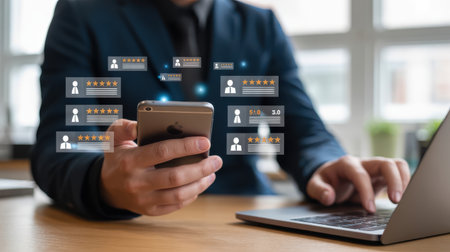A person in a blue suit is holding a smartphone with floating rating above it, while using a laptop in an office setting with a window in the background.の素材