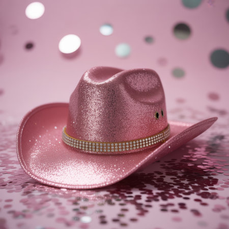 A close-up of a sparkling pink glitter cowboy hat with a beaded band, placed on a dotted background with various colors and sizes of dots.の素材