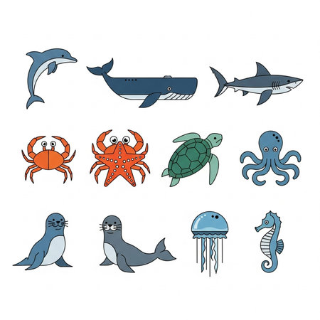 A cartoon collection of marine animals including a dolphin, shark, turtle, octopus, jellyfish, and seahorse, perfect for educational or decorative purposes.のイラスト素材
