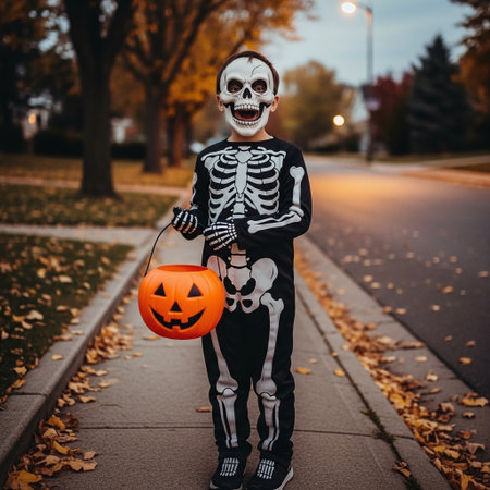 Scary skeleton in halloween costume with pumpkin on the streetの素材