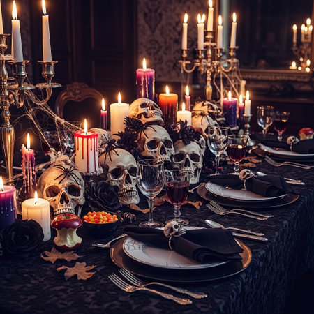 Scary halloween table setting with skulls, candlesticks and candlesの素材