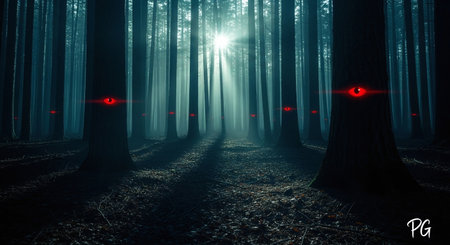 Mysterious dark forest with red light beam. 3D renderingの素材