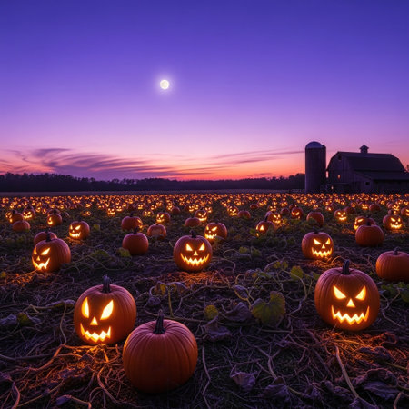 Halloween pumpkins in a field at sunset with a barn in the backgroundの素材