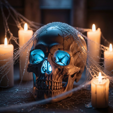 Skull with spider web and burning candles in the background. Halloween concept.の素材