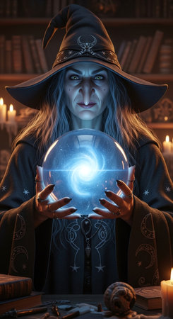 Witch with crystal ball in her hands. Halloween magic concept.の素材