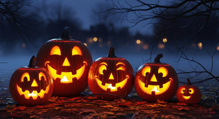 Halloween pumpkins with scary faces in foggy forest at nightの素材