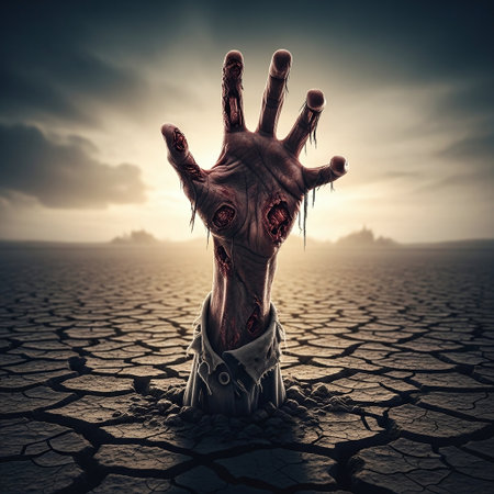 Zombie hand on cracked earth background. Halloween concept. 3D Renderingの素材