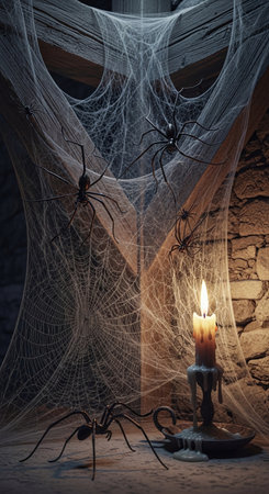 Halloween background with cobwebs, spiders and a burning candle.の素材
