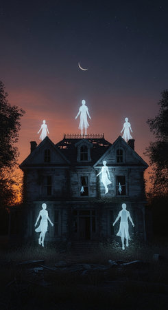 Silhouette of a ghost in front of an abandoned house at nightの素材