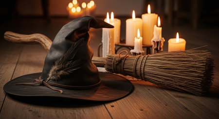 Witch's hat, broom and candles on wooden table. Halloween conceptの素材