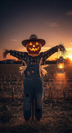 Scarecrow in corn field with a lantern. Halloween concept.の素材