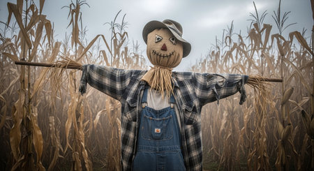 Scarecrow in corn field with scarecrow. Halloween concept.の素材