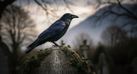 Crow sitting on a gravestone in a cemetery, UK.の素材