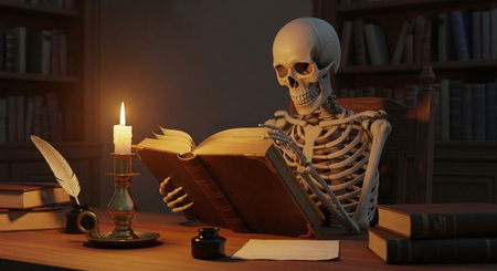 Skeleton reading a book in a dark room. 3d renderの素材