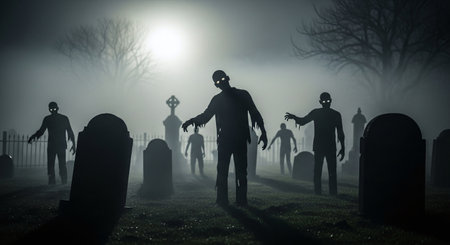 Creepy zombies in the cemetery. Halloween concept. 3D Renderingの素材