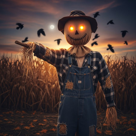 Scarecrow in the cornfield. Halloween concept. 3d renderingの素材