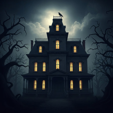 Halloween background with haunted house and full moon. Vector illustration.の素材