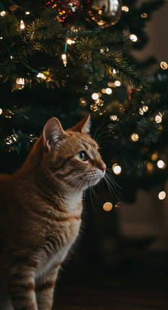 Cute ginger cat on the background of a Christmas tree with garlands.の素材