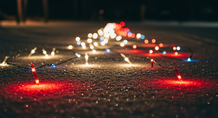 Christmas lights on a snowy road. Christmas background with copy space.の素材
