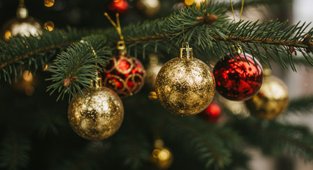 Christmas tree decoration with red and golden baubles on blurred backgroundの素材