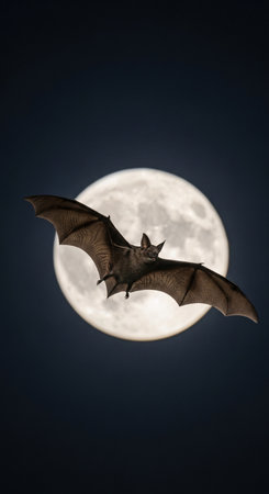 Halloween bat flying in front of full moon. Halloween concept.の素材