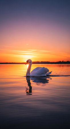 Beautiful white swan swimming on the lake at sunset. The mute swan, Cygnus olorの素材