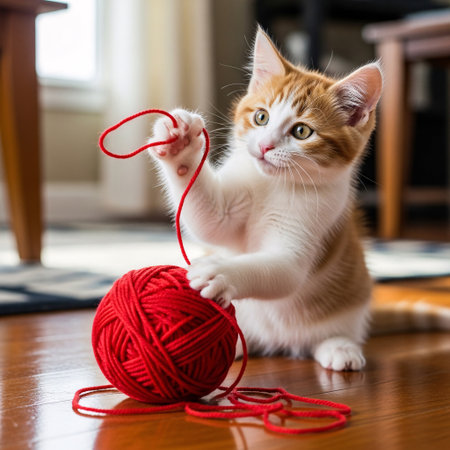 Cute ginger kitten playing with a ball of red yarn on the floorの素材