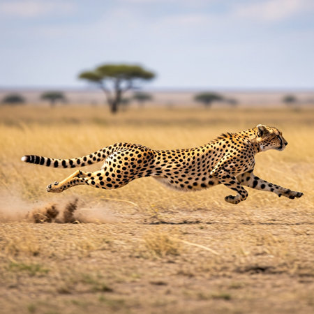 Cheetah (Acinonyx jubatus) running in the savannahの素材