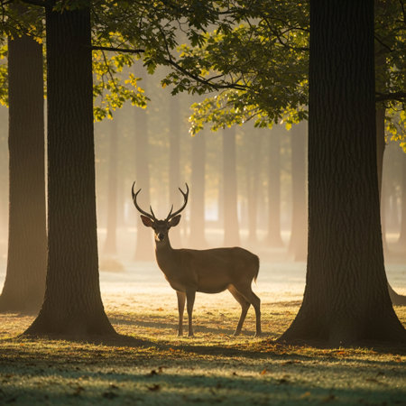Deer in the forest at dawn. Beautiful nature scene with animal.の素材