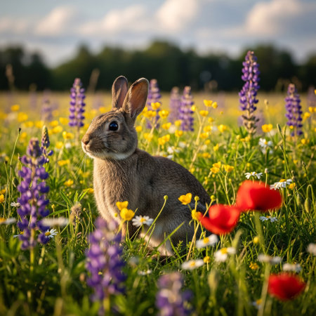 Cute little rabbit sitting on a meadow with wildflowersの素材