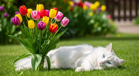 White cat lying on the grass with a bouquet of tulipsの素材