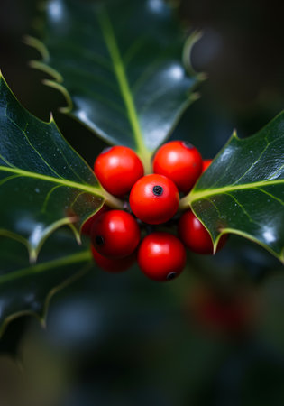 Holly with red berries on a green background, close-upの素材
