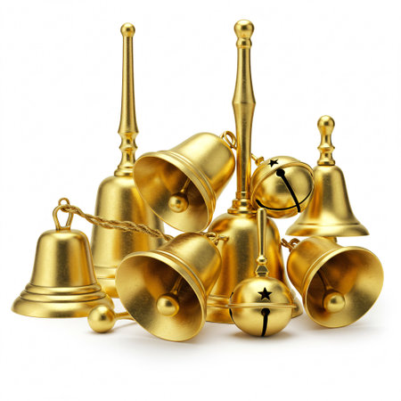 Golden christmas bells isolated on white background. 3D illustration.の素材