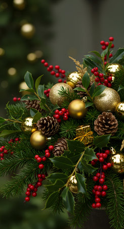 Christmas decoration with red berries and golden baubles on green backgroundの素材