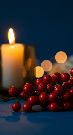 Christmas still life with red holly berries, candles and bokehの素材