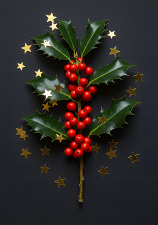 Christmas decoration with holly berries and golden stars on black background.の素材