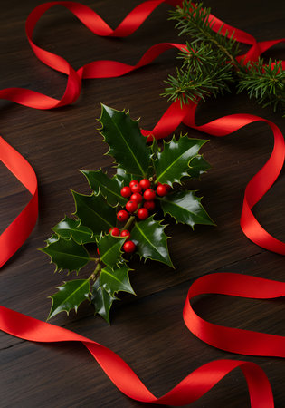 Christmas decoration with holly leaves and red ribbon on wooden background.の素材
