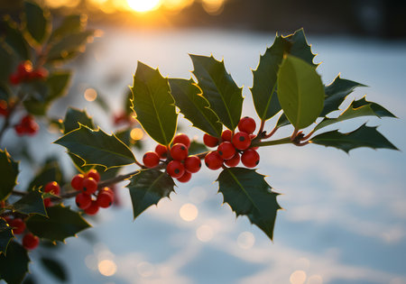 Holly leaves with red berries on a background of the winter sunsetの素材