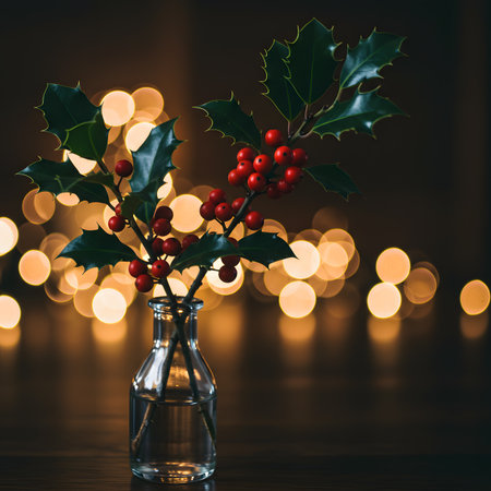 Christmas decoration with holly berry in glass vase and bokeh lights on backgroundの素材
