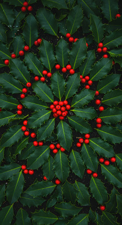 Christmas holly leaves with red berries on black background. Flat lay, top view.の素材