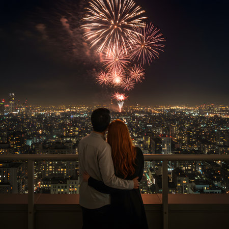 Couple watching fireworks on the roof of a building in the cityの素材