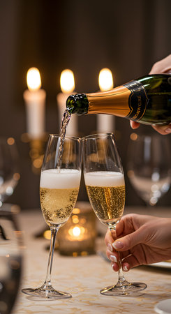 Close-up of female hands pouring champagne into glasses at table in restaurantの素材