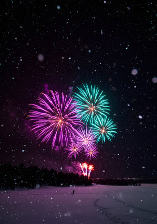 Colorful fireworks over night sky with stars and falling snowflakesの素材