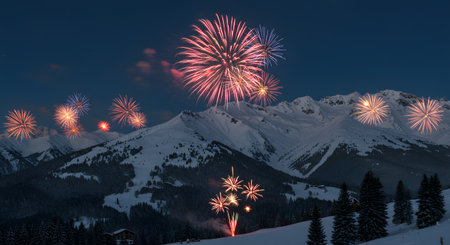 Colorful fireworks in the mountains at New Year's Eve celebration.の素材