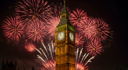 Big Ben and New Year Fireworks, London, England, UKの素材
