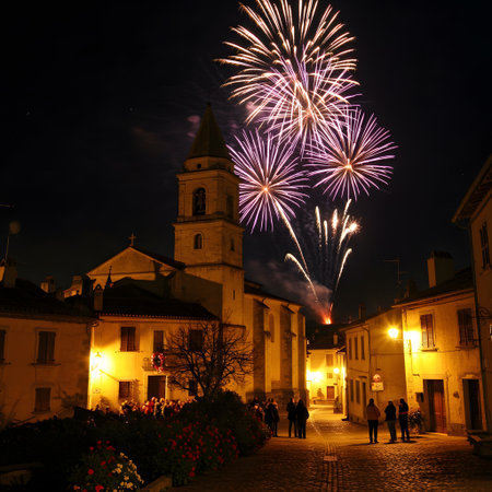 Fireworks in the old town of Brescia, Lombardy, Italyの素材